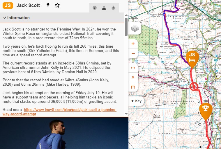 Snippet from OPentracking system showing Jack Scott's FKT dot on the OS map