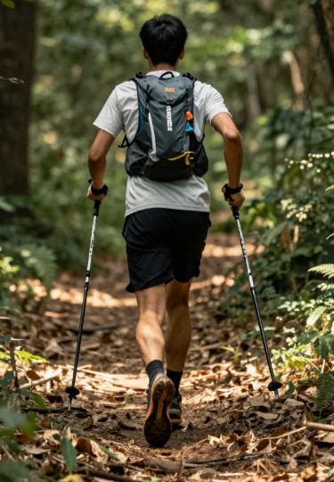 walking poles man A man running along a trail with walking poles
